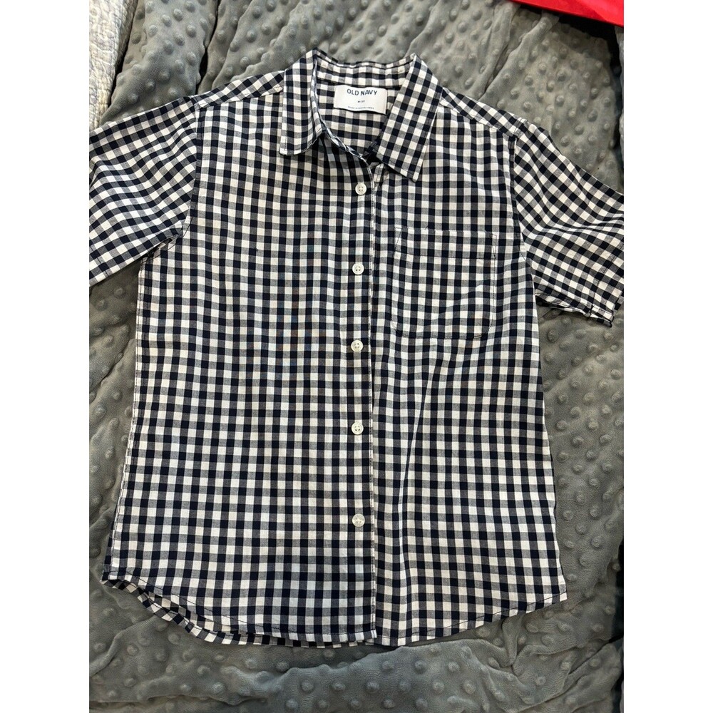 Old Navy Boys Black White Gingham Button Shirt Medium (8) Short Sleeve Cotton